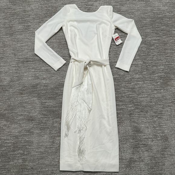 Dress The Population Caro Dress Womens Small Off White Long Sleeve Belted Fringe - Picture 1 of 13